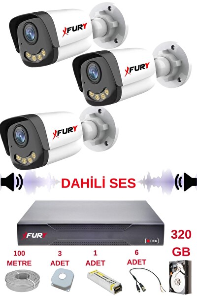 Fury 3 Kameralı Sesli Gece Renkli Görüş Güvenlik Kamerası Su Geçirmez Güvenlik Kamerası Seti 5590s 320GB