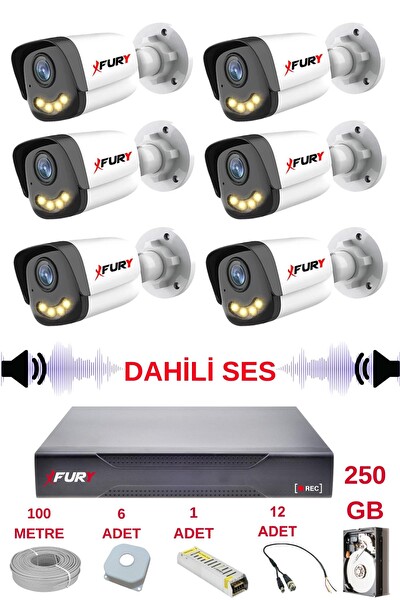 Fury 6 Kameralı Sesli Gece Renkli Görüş Güvenlik Kamerası Su Geçirmez Güvenlik Kamerası Seti 5590s 250GB