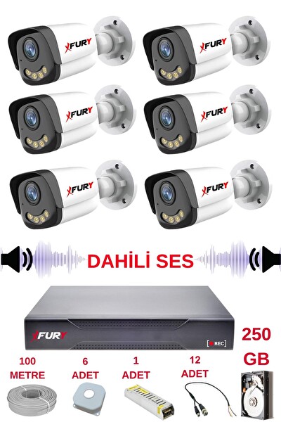Fury 6 Kameralı Sesli Gece Renkli Görüş Güvenlik Kamerası Su Geçirmez Güvenlik Kamerası Seti 5590s 250GB