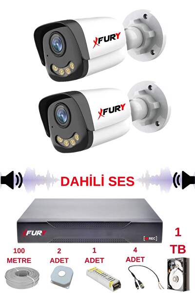 Fury 2 Kameralı Sesli Gece Renkli Görüş Güvenlik Kamerası Su Geçirmez Güvenlik Kamerası Seti 5590s 1TB