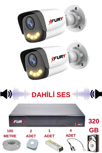 Fury 2 Kameralı Sesli Gece Renkli Görüş Güvenlik Kamerası Su Geçirmez Güvenlik Kamerası Seti 5590s 320GB