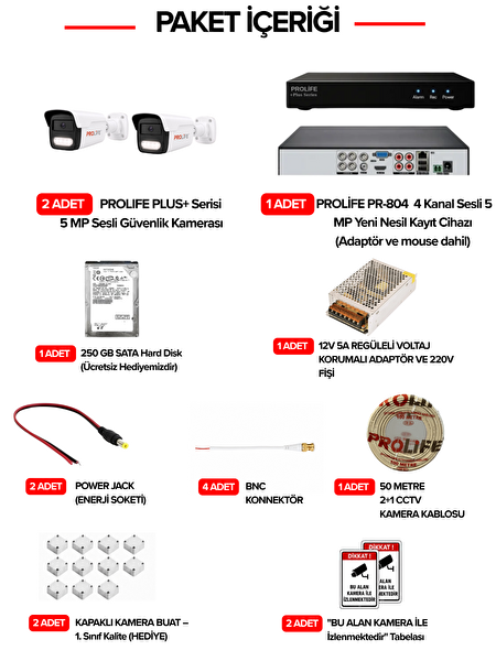Prolife 2 Li Sesli Güvenlik Kamerası 5 Mp Gece Renkli Yüz Ve Araç Tanımalı Full Hd Kamera Sistemi