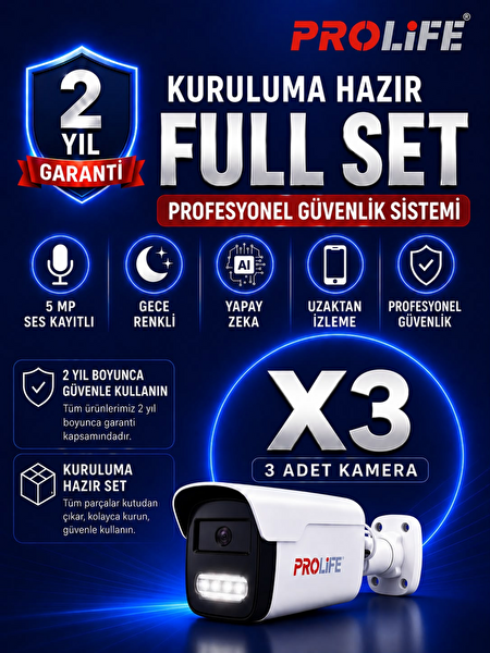 Prolife 3 Lü Sesli Güvenlik Kamerası 5 Mp Gece Renkli Yüz Ve Araç Tanımalı Full Hd Kamera Sistemi