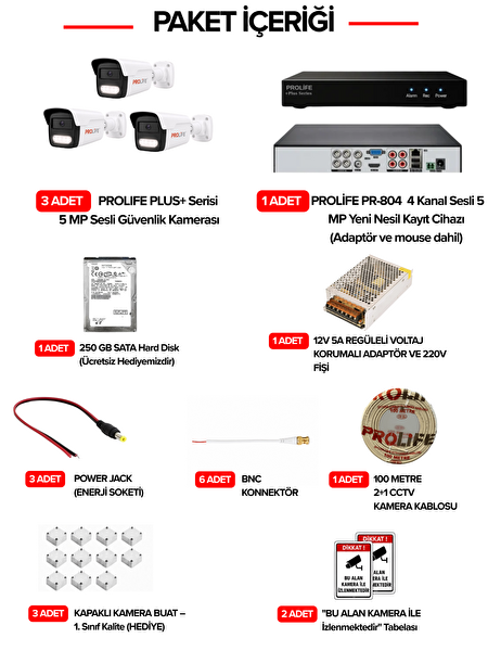Prolife 3 Lü Sesli Güvenlik Kamerası 5 Mp Gece Renkli Yüz Ve Araç Tanımalı Full Hd Kamera Sistemi