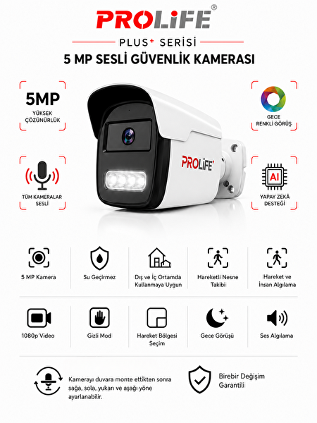 Prolife 3 Lü Sesli Güvenlik Kamerası 5 Mp Gece Renkli Yüz Ve Araç Tanımalı Full Hd Kamera Sistemi
