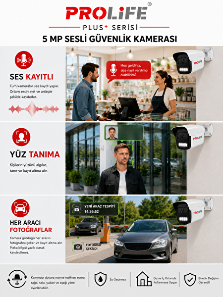 Prolife 3 Lü Sesli Güvenlik Kamerası 5 Mp Gece Renkli Yüz Ve Araç Tanımalı Full Hd Kamera Sistemi