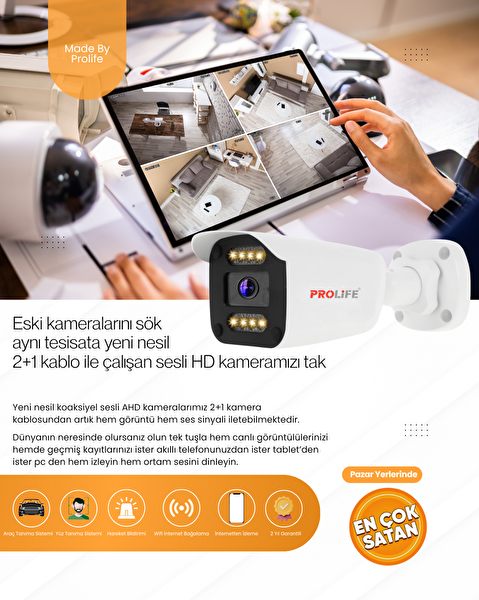 Prolife 3'lü Sesli Güvenlik Kamerası 5 MP Gece Renkli Yüz Ve Araç Tanımalı Full HD Kamera Sistemi
