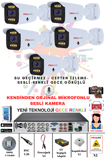 Prolife 5'li Sesli Güvenlik Kamerası 5 MP Gece Renkli Yüz ve Araç Tanımalı Full HD Kamera Sistemi