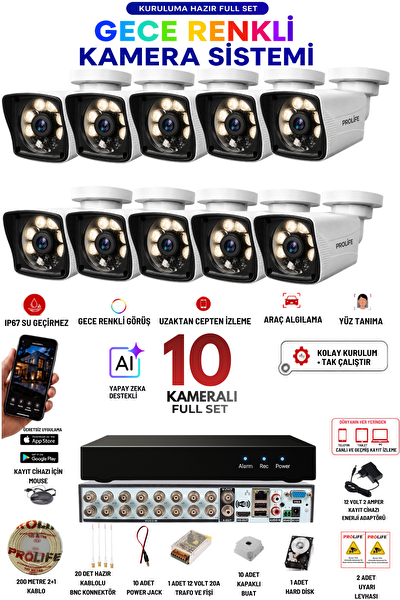 Prolife 10 Kameralı 5 MP FULL HD Gece Renkli Yüz ve Araç Algılamalı Kuruluma Hazır Full Güvenlik Kamerası Seti