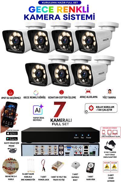 Prolife 7 Kameralı 5 MP Full HD Gece Renkli Yüz ve Araç Algılamalı Kuruluma Hazır Full Güvenlik Kamerası Seti