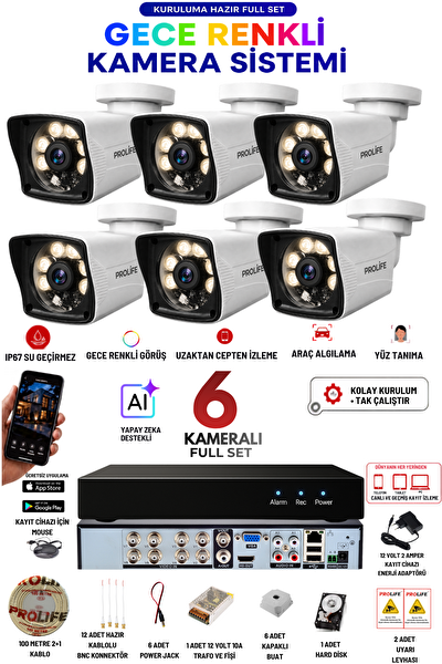 Prolife 6 Kameralı 5 MP Full HD Gece Renkli Yüz ve Araç Algılamalı Kuruluma Hazır Full Güvenlik Kamerası Seti