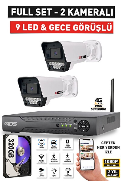 IDS 2 Kameralı Full HD Güvenlik Kamerası Seti Gece Görüşlü 9 LED Cepten İzle 320 GB