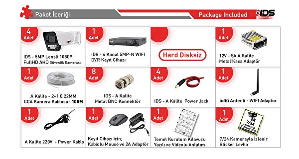 IDS 4 Kameralı Full HD 5MP Lensli Gece Görüşlü 9 LED Güvenlik Kamerası Seti - Hard Disksiz
