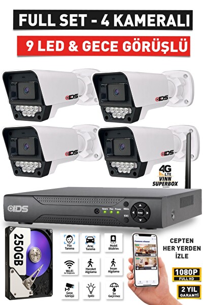 IDS 4 Kameralı Full HD 5MP Lensli Gece Görüşlü 9 LED Güvenlik Kamerası Seti 250 GB
