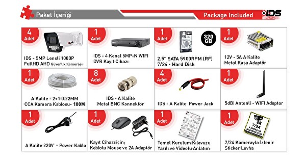 IDS 4 Kameralı Full HD 5MP Lensli Gece Görüşlü 9 LED Güvenlik Kamerası Seti 320 GB