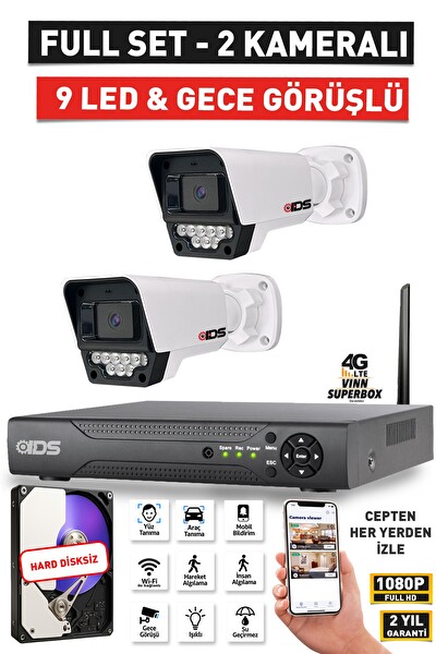 IDS 2 Kameralı Full HD Güvenlik Kamerası Seti Gece Görüşlü 9 LED Cepten İzle Hard Disksiz