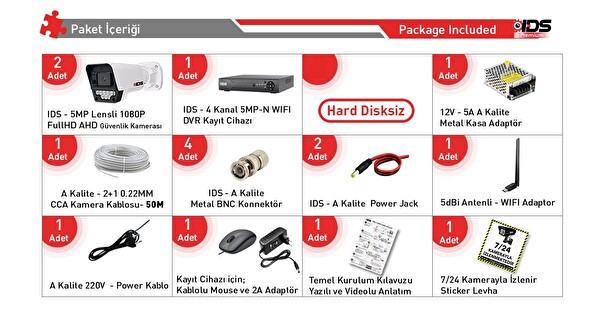 IDS 2 Kameralı Full HD Güvenlik Kamerası Seti Gece Görüşlü 9 LED Cepten İzle Hard Disksiz