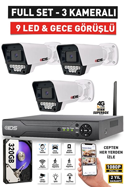 IDS 3 Kameralı 9 LED Gece Görüşlü Full HD Güvenlik Kamerası Seti Cepten İzle 320 GB