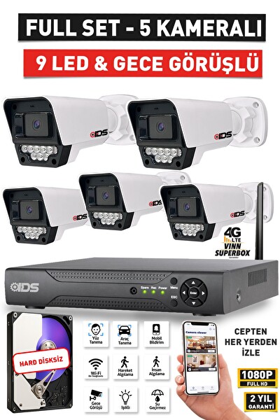 IDS 5 Kameralı 5MP Lensli Full HD Gece Görüşlü 9 LED Güvenlik Kamerası Seti Hard Disksiz