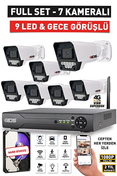 IDS 7 Kameralı 1080P FullHD 5MP Lensli 9 LED Gece Görüşlü Güvenlik Kamerası Seti Hard Disksiz