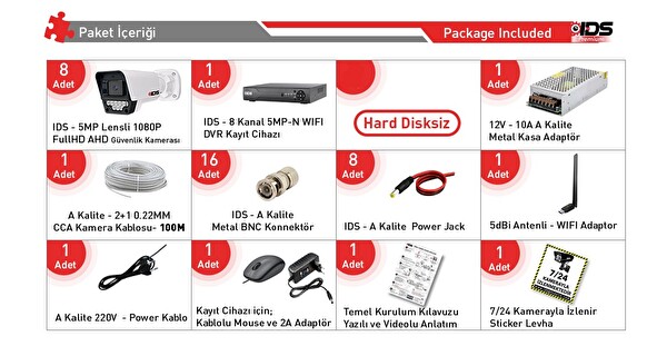 IDS 7 Kameralı 1080P FullHD 5MP Lensli 9 LED Gece Görüşlü Güvenlik Kamerası Seti Hard Disksiz