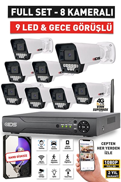 IDS 8 Kameralı 5MP Lensli 1080P FullHD Gece Görüşlü 9 LED Güvenlik Kamerası Seti Hard Disksiz
