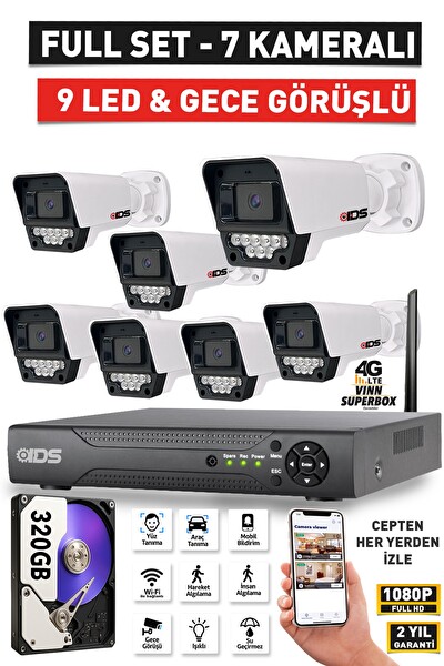 IDS 7 Kameralı 1080P FullHD 5MP Lensli 9 LED Gece Görüşlü Güvenlik Kamerası Seti 320 GB