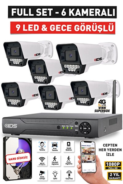 IDS 6 Kameralı 5 MP Lensli FullHD 1080P Gece Görüşlü 9 LED Güvenlik Kamerası Seti Hard Disksiz
