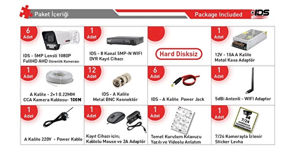 IDS 6 Kameralı 5 MP Lensli FullHD 1080P Gece Görüşlü 9 LED Güvenlik Kamerası Seti Hard Disksiz