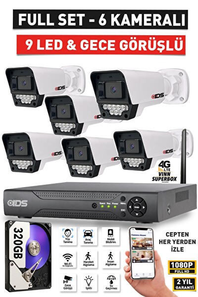 IDS 6 Kameralı 5MP Lensli FullHD 1080P Gece Görüşlü 9 LED Güvenlik Kamerası Seti 320 GB