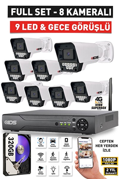 IDS 8 Kameralı 5MP Lensli 1080P FullHD Gece Görüşlü 9 LED Güvenlik Kamerası Seti 320 GB