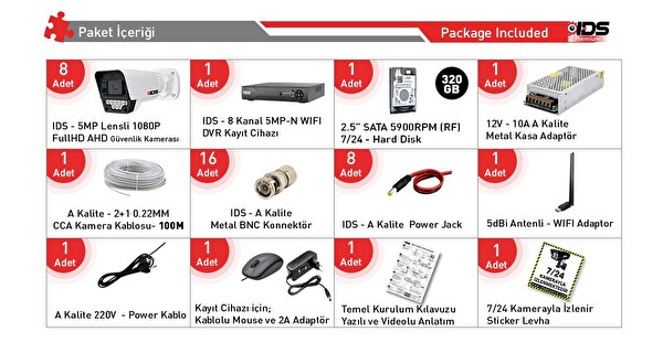 IDS 8 Kameralı 5MP Lensli 1080P FullHD Gece Görüşlü 9 LED Güvenlik Kamerası Seti 320 GB