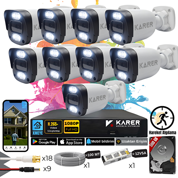 Karer Exitcam 9'lu AHD Güvenlik Kamera Seti Gece Renkli 6 WarmLedli Su Geçirmez 2MP Full HD