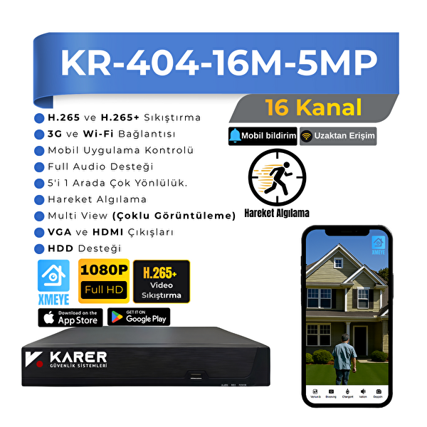Karer Exitcam 9'lu AHD Güvenlik Kamera Seti Gece Renkli 6 WarmLedli Su Geçirmez 2MP Full HD
