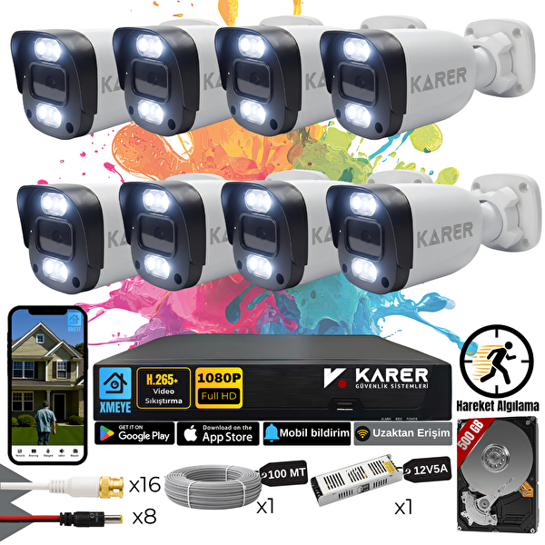 Karer Exitcam 8'li AHD Güvenlik Kamera Seti Gece Renkli 6 WarmLedli Su Geçirmez 2MP Full HD