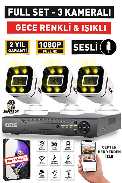 IDS Sesli 3 Kameralı Full HD Gece Renkli ve Işıklı Güvenlik Kamerası - Kamera Seti Hard Disksiz
