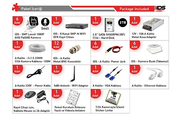 IDS Sesli 6 Kameralı Full HD Gece Renkli ve Işıklı Güvenlik Kamerası - Kamera Seti 2 TB Disk