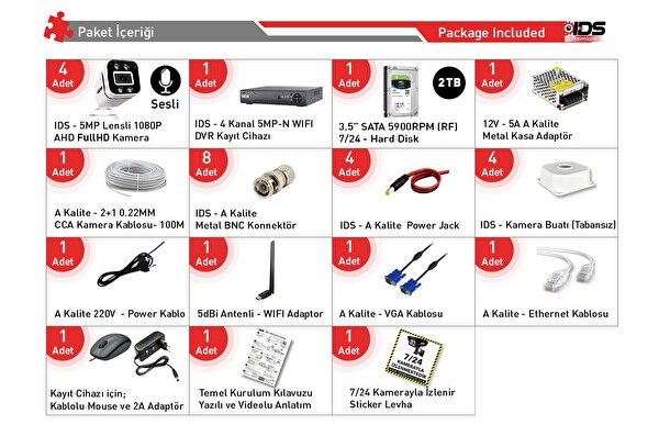 IDS Sesli 4 Kameralı Full HD Gece Renkli ve Işıklı Güvenlik Kamerası - Kamera Seti 2 TB Disk