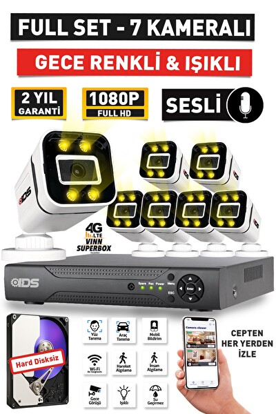 IDS Sesli 7 Kameralı Full HD Gece Renkli ve Işıklı Güvenlik Kamerası - Kamera Seti Hard Disksiz