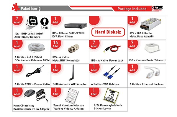 IDS Sesli 7 Kameralı Full HD Gece Renkli ve Işıklı Güvenlik Kamerası - Kamera Seti Hard Disksiz