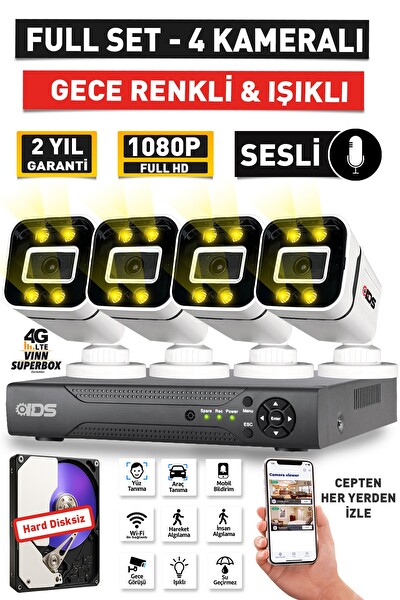 IDS Sesli 4 Kameralı Full HD Gece Renkli ve Işıklı Güvenlik Kamerası - Kamera Seti Hard Disksiz