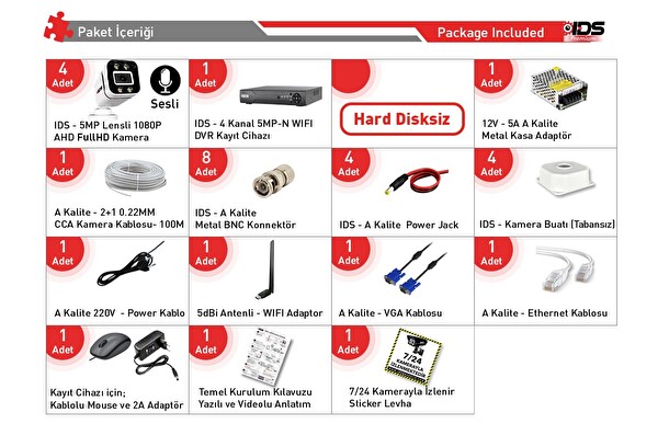 IDS Sesli 4 Kameralı Full HD Gece Renkli ve Işıklı Güvenlik Kamerası - Kamera Seti Hard Disksiz