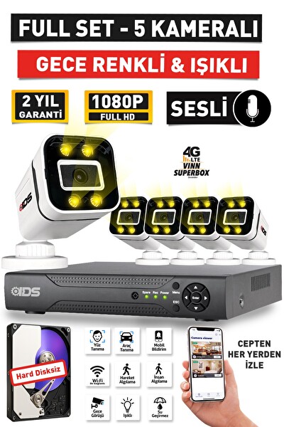 IDS Sesli 5 Kameralı Full HD Gece Renkli ve Işıklı Güvenlik Kamerası - Kamera Seti Hard Disksiz
