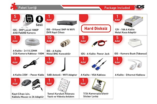 IDS Sesli 5 Kameralı Full HD Gece Renkli ve Işıklı Güvenlik Kamerası - Kamera Seti Hard Disksiz