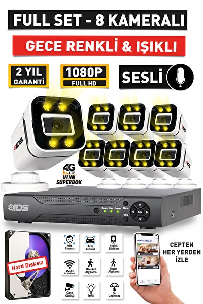 IDS Sesli 8 Kameralı Full HD Gece Renkli ve Işıklı Güvenlik Kamerası Seti Hard Disksiz