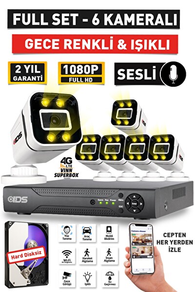 IDS Sesli 6 Kameralı Full HD Gece Renkli ve Işıklı Güvenlik Kamerası - Kamera Seti Hard Disksiz