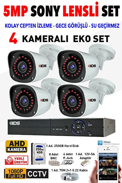 IDS 4 Kameralı Sony Lensli Full HD Gece Görüşlü Güvenlik Kamerası Seti Cepten İzleme 1080P