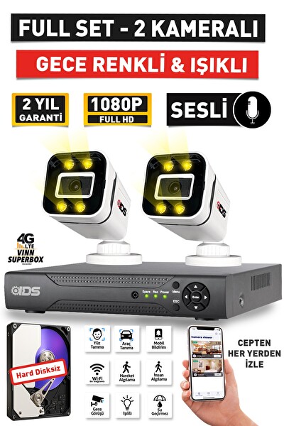 IDS Sesli 2 Kameralı Full HD Gece Renkli ve Işıklı Güvenlik Kamerası - Kamera Seti Hard Disksiz