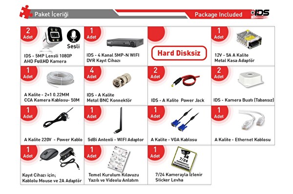 IDS Sesli 2 Kameralı Full HD Gece Renkli ve Işıklı Güvenlik Kamerası - Kamera Seti Hard Disksiz