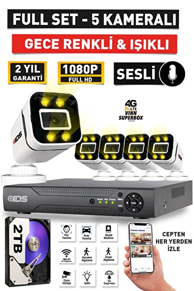 IDS Sesli 5 Kameralı Full HD Gece Renkli ve Işıklı Güvenlik Kamerası - Kamera Seti 2 TB Disk